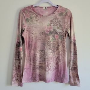 One World Floral Boho Gem Pink Crewneck Long Sleeve Top‎ M